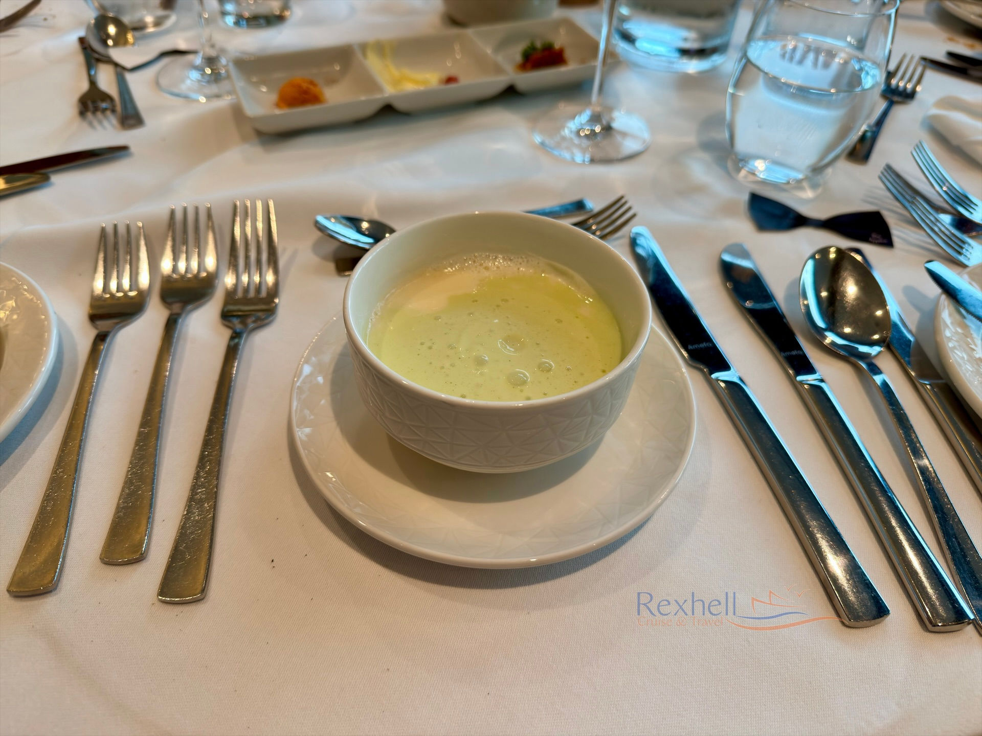 Fine dining soup course on a VIVA ENJOY review cruise.