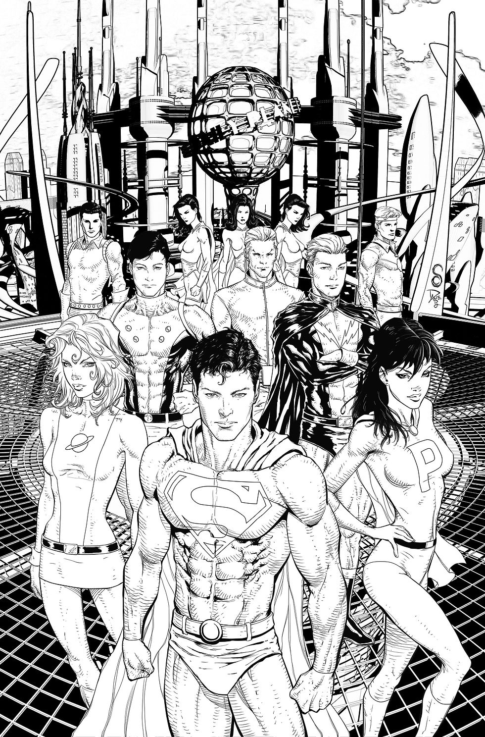 Scott Clark's pencils & inks by Dave Beaty for Adventure Comics Cover #12, featuring Superboy and the Legion of Superheroes.