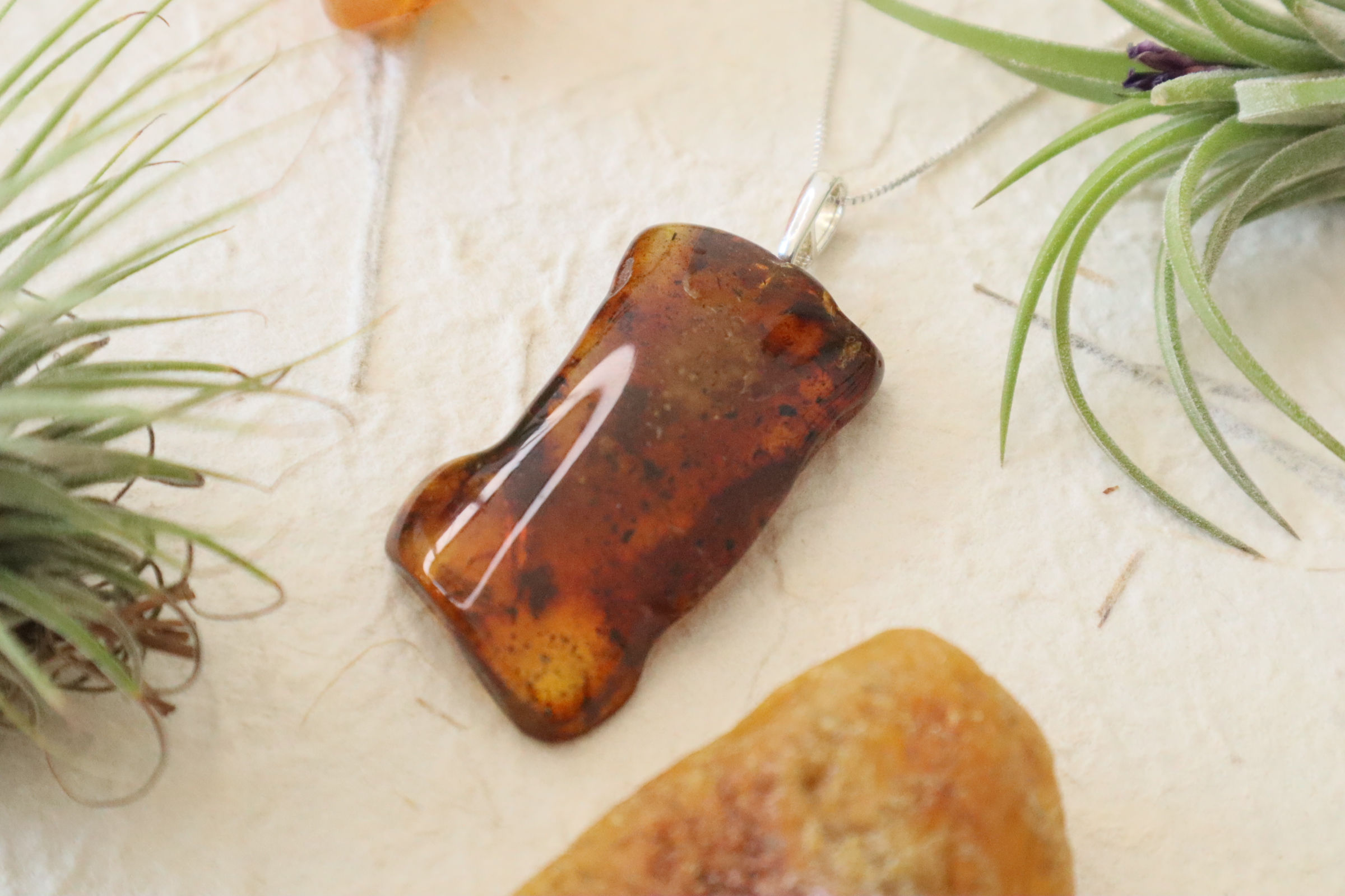 925 silver necklace with a large cognac-colored Baltic amber pendant, handmade