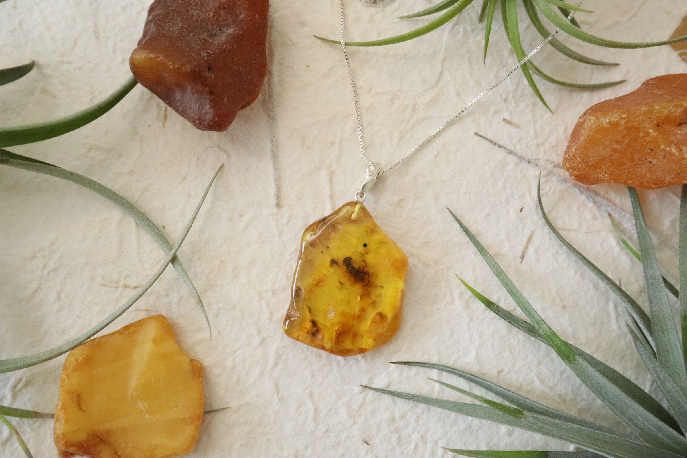 925 silver necklace with a large honey-colored Baltic amber pendant, handmade