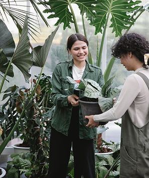 Zwei Frauen stehen zwischen Pflanzen und halten gemeinsam einen Blumentopf mit einer Pflanze