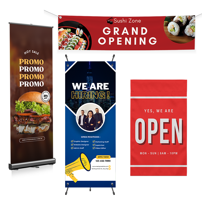 Examples of eye-catching vinyl banners for business advertising, promotions, hiring, and announcements