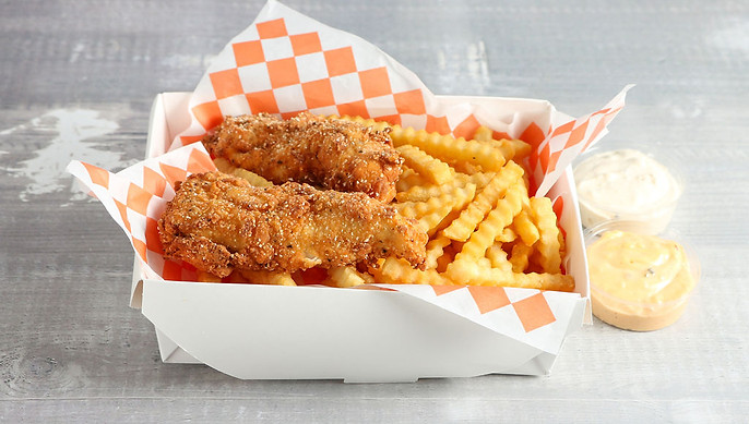 Chicken tenders, crinkle fries, sauce, CHICKY SEATAC Airport