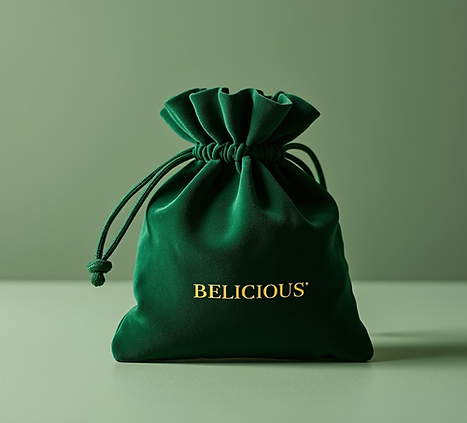 green velvet pouch Belicious Natural Products gold lettering premium branded.png