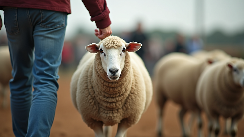 Eye-level view of a young farmer leading a well-groomed sheep at a livestock show