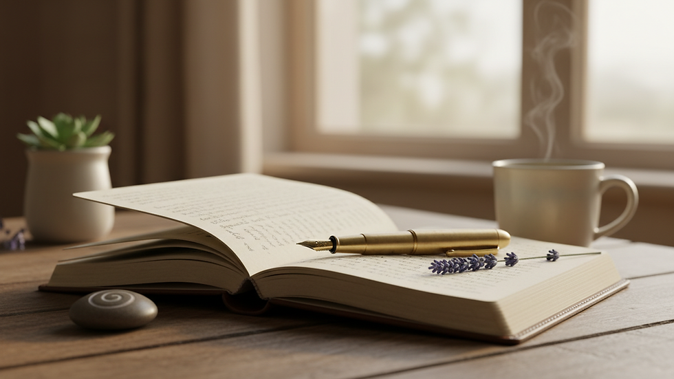 Close-up view of a journal and pen on a wooden table, symbolizing self-reflection and mental health care