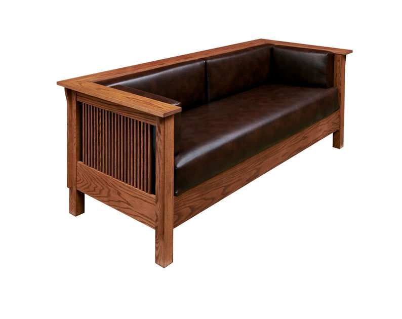 Thumbnail: Mission Arts & Crafts Stickley Style Prairie Spindle Leather Settle Sofa