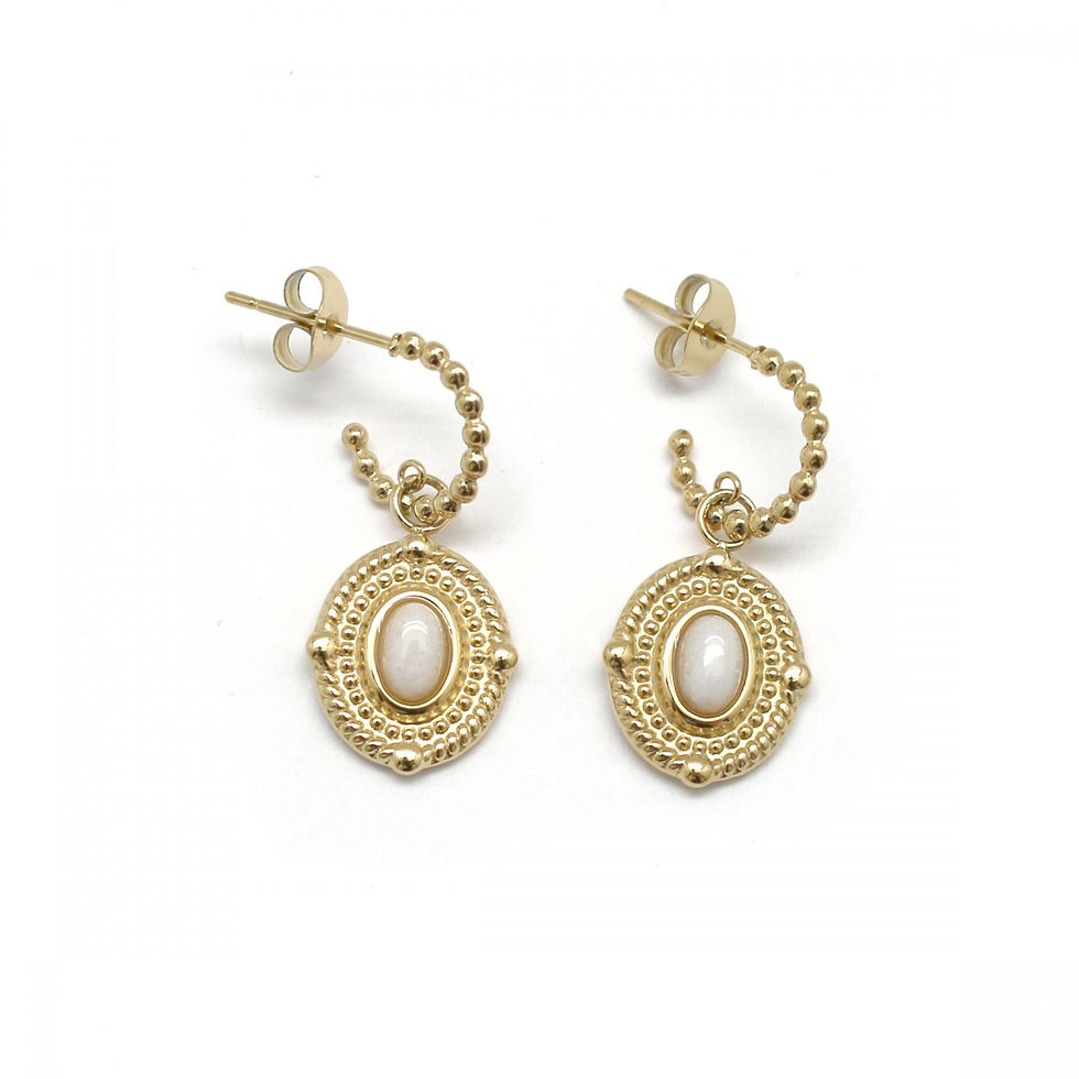 Boucles d'oreilles dorées, créoles ouvertes boules, ovale décoré agate blanche