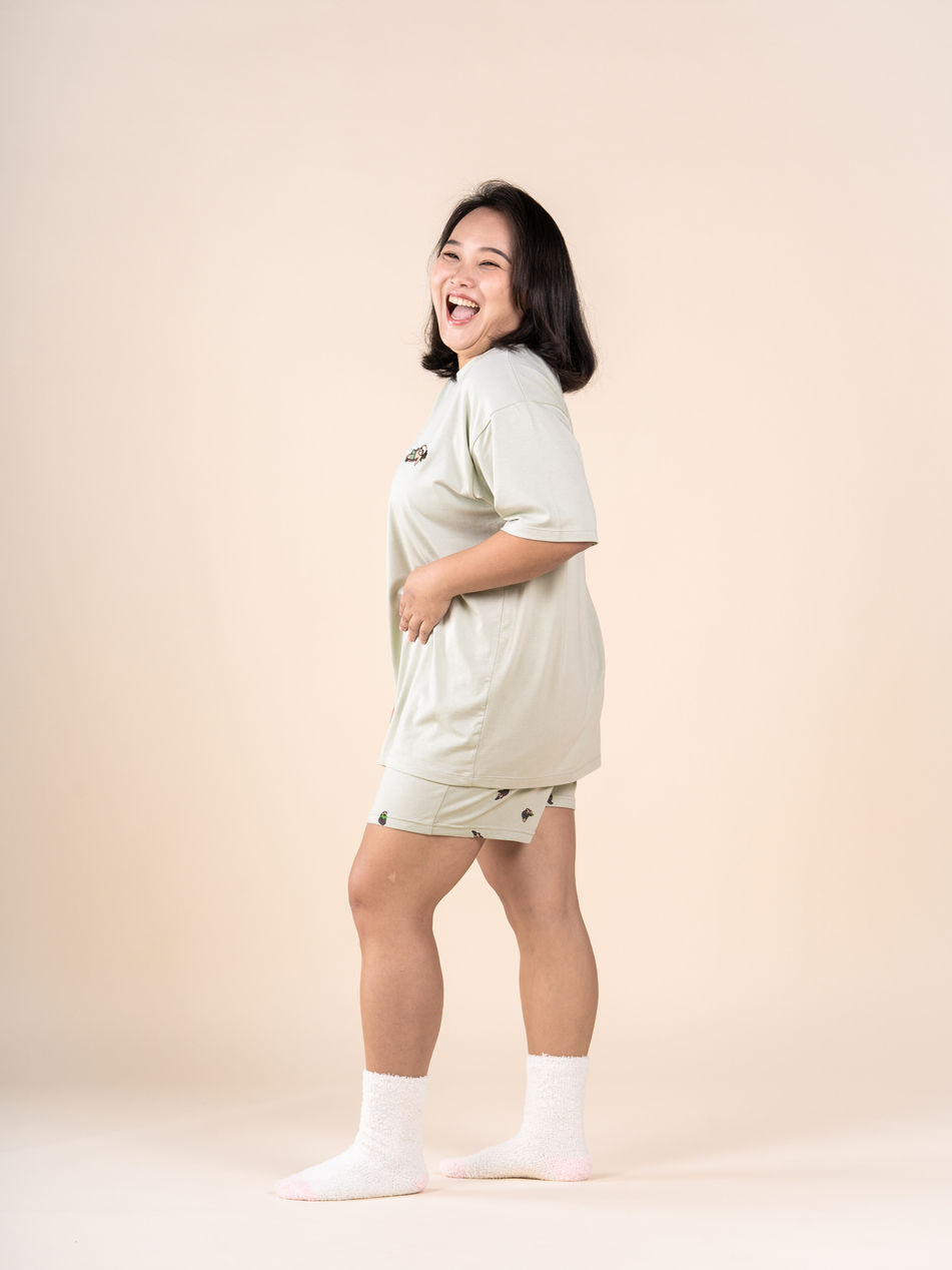 Thumbnail: Sloth Bamboo Lounge Set In Sage Green Side View - With Model