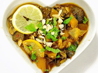 Warming Aubergine, mushroom and Butternut squash tagine with saltanas and toasted Almonds
