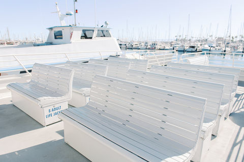 Stunning private boat charter seating. Picturesque wedding venue in Santa Barbara California. on the water wedding, yacht wedding, coastal wedding, Santa Barbara, chic wedding venue, affordable venue california