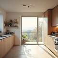 This modern kitchen concept features elegant beige countertops paired with light gray floor tiles. Bright LED under-cabinet lighting highlights the seamless wood-look finish, while a bold black faucet adds a perfect contemporary touch.