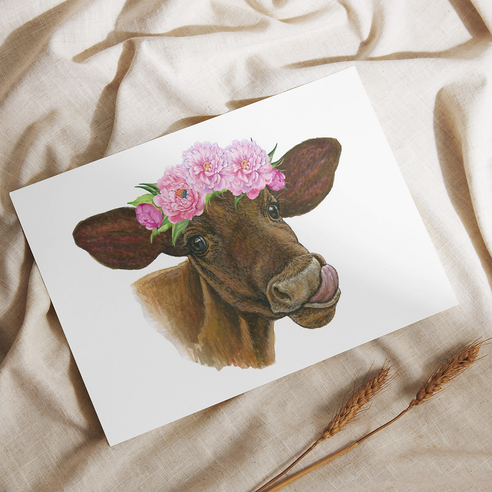 floral brown cow greeting card