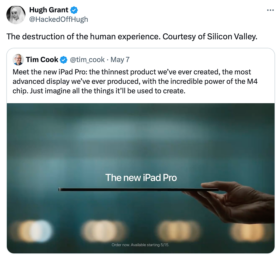 Hugh Grant trashed the Apple ipad pro 13 ad on Twitter (X)