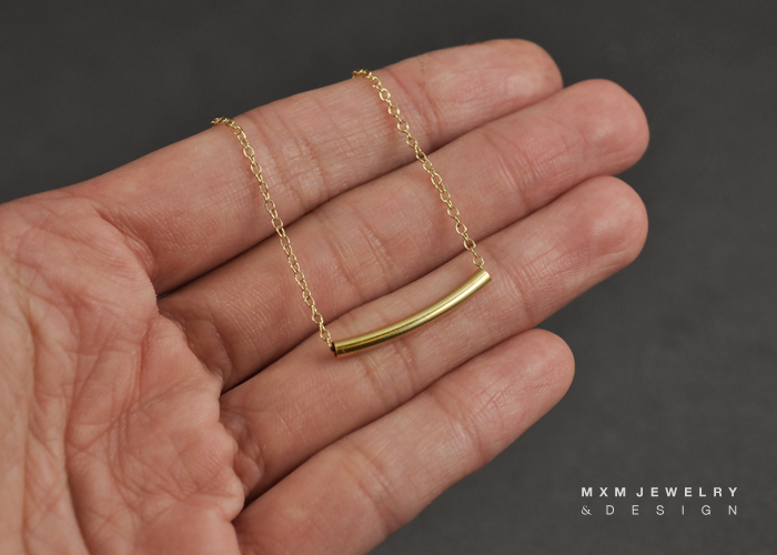 Thumbnail: Yellow GoldFilled Curved Tube Bar Necklace