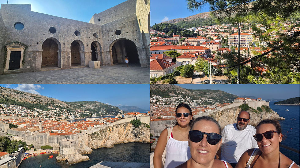 Dubrovnik, Croácia — os arcos históricos do Forte São Lourenço, telhados alaranjados vistos do alto, as muralhas medievais abraçando o mar.
