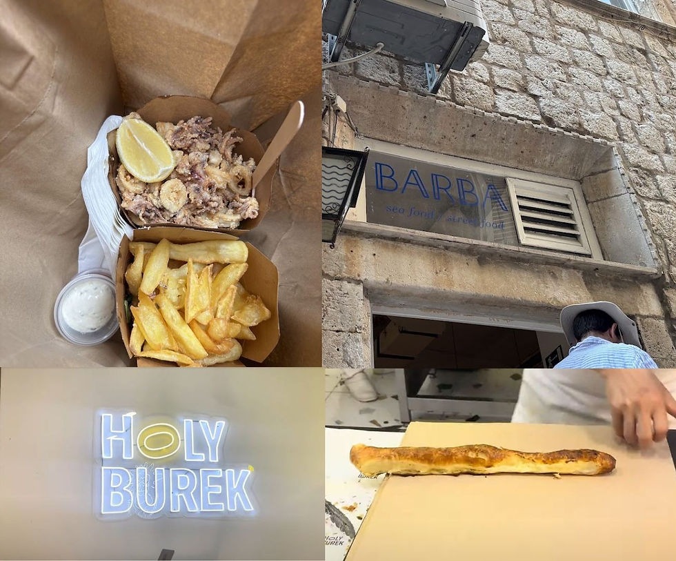 Street food em Dubrovnik — calamares fritos com fritas no Barba sea food street food, e burek dourado direto do forno na Holy Burek.