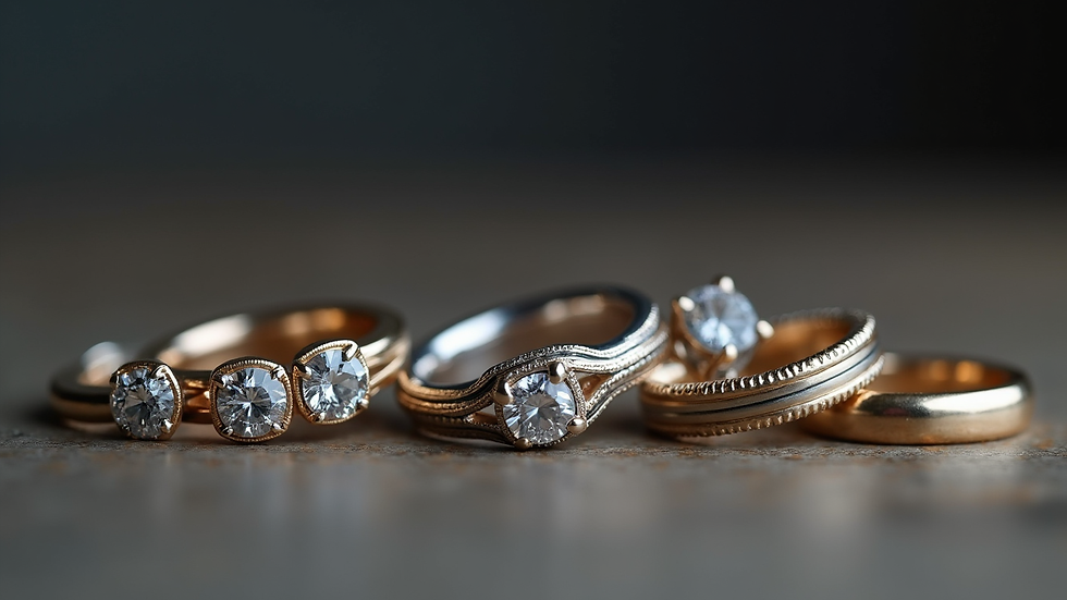 Eye-level view of a collection of men’s engagement rings with various finishes and styles