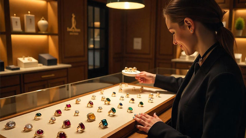 A cozy, stylish jewelry store interior with a customer admiring rings under warm lighting.