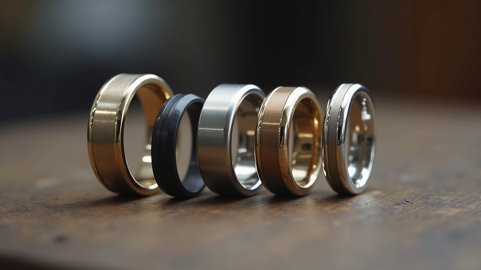 Eye-level view of a collection of men's engagement rings in various metals and widths