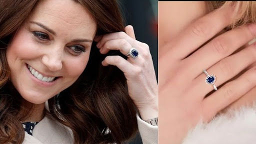 A woman’s hand adorned with Princess Diana's sapphire ring and Kate Middleton wearing the Princess Diana sapphire ring