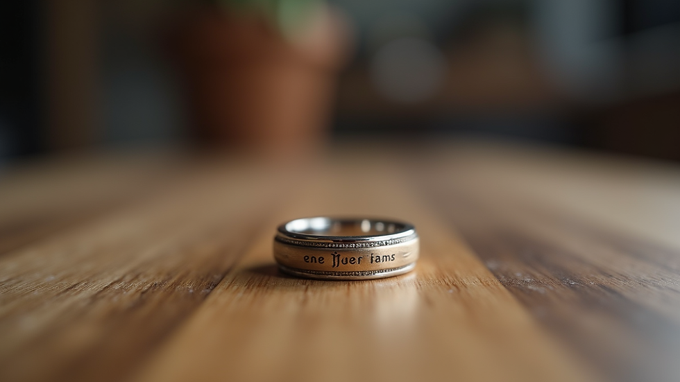 Eye-level view of a custom engagement ring with an engraved band on a wooden surface