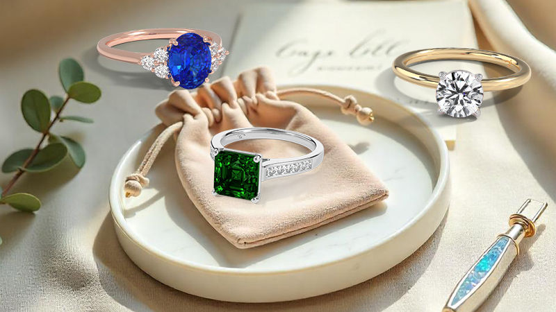 An aesthetically laid out ring collection featuring sapphires, emeralds, and diamonds on neutral tones