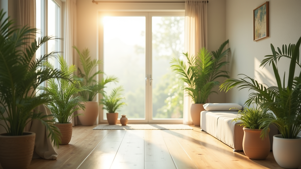 Eye-level view of a serene wellness space with plants and natural light