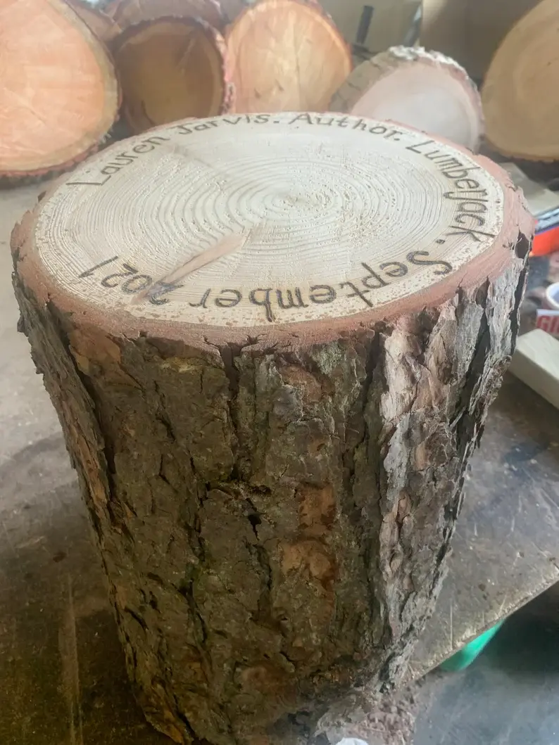 Personalised Rustic wooden log stool with bark, garden seating, fire pit stool f