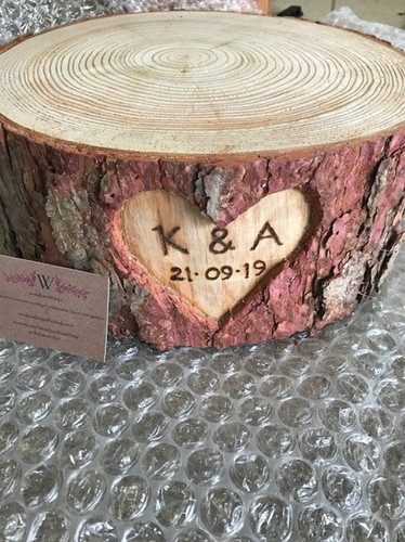 Personalised carved heart rustic cake stand in various sizes