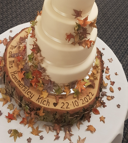 Bespoke Personalised rustic log wooden wedding cake stand, natural