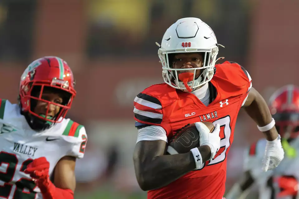 Woodville native JaCorey Hyder carries the ball for Lamar during the 2025 season. (Photo courtesy of Lamar Athletics)