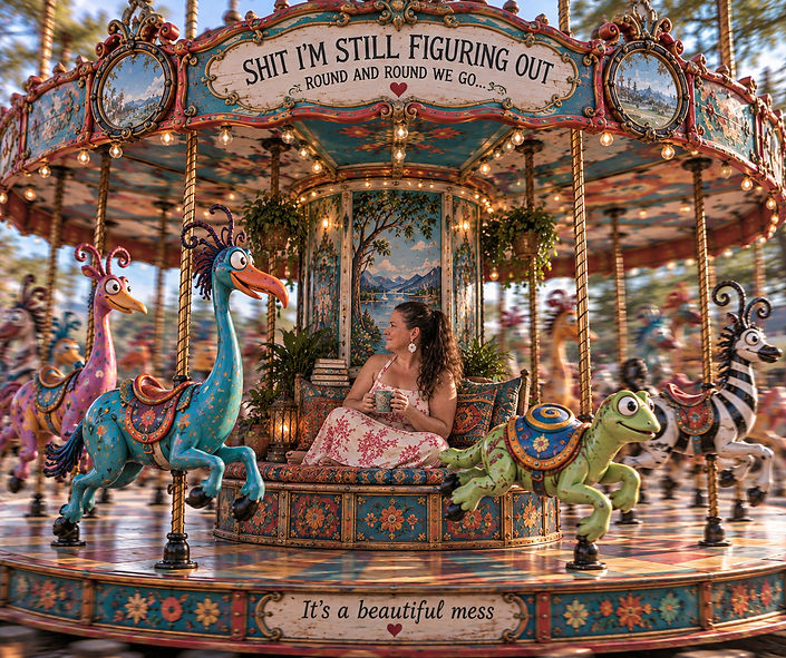 Whimsical carnival teacup scene representing uncertainty, humor, and life’s unanswered questions