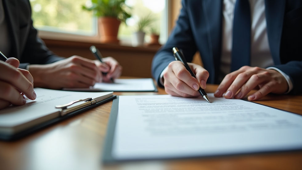 Close-up view of a contract being signed on a wooden table