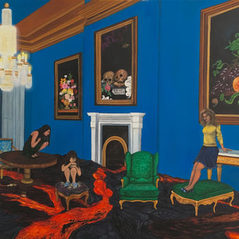 woman, girls, chandelier, lava, blue, the floor is lava, surrealism, fireplace, figurative art, victorian, contemporary art, oil painting, oil on canvas, toronto art