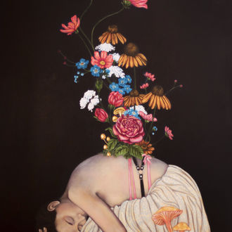 painting, flowers, black, oil on canvas, contemporary