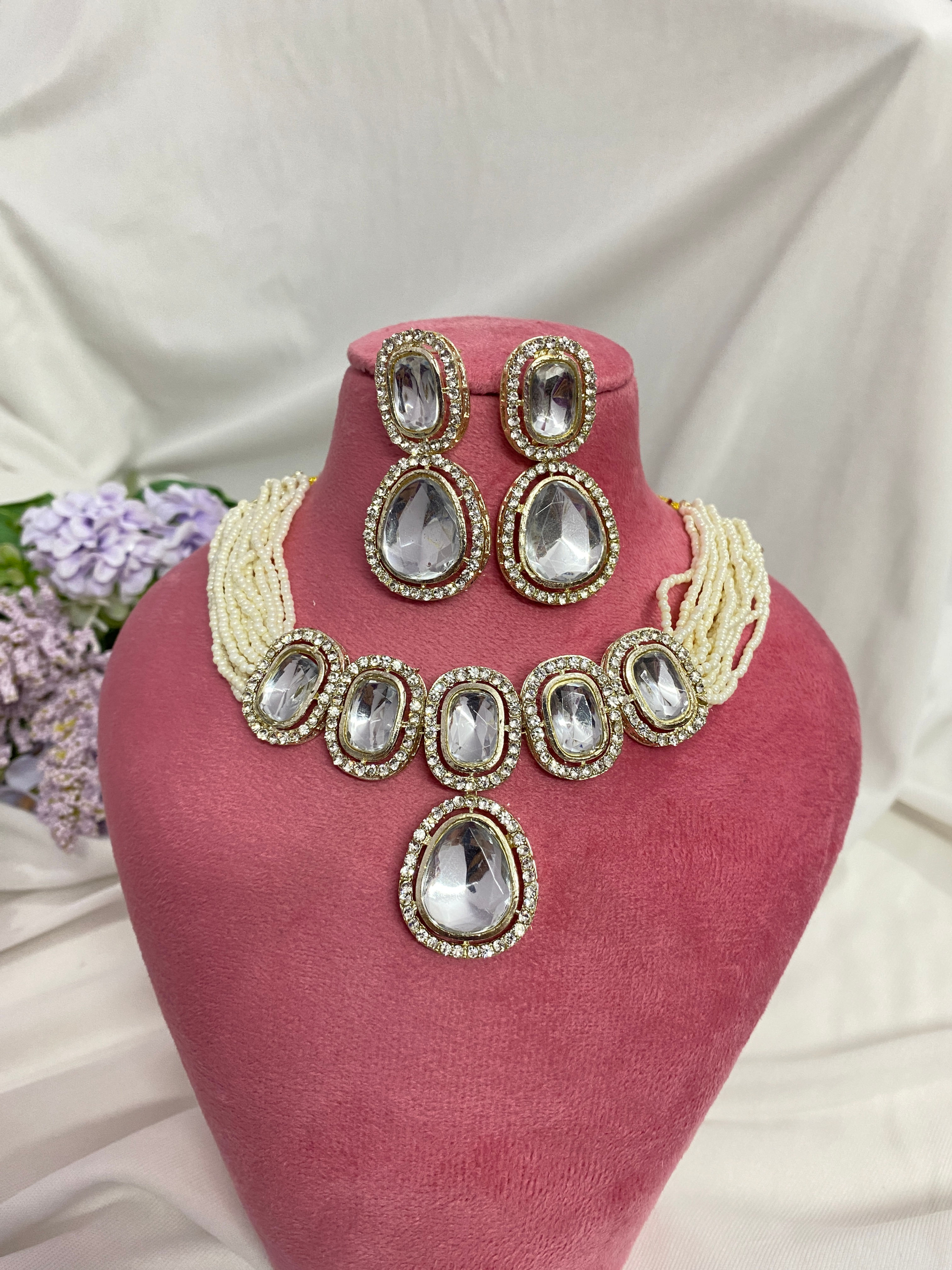 Pearls choker Kundan necklace with Kundan drop earrings