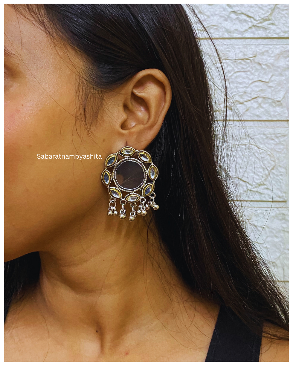Thumbnail: Set of Oxidised Mirror studded Stud earrings and Mirror ring
