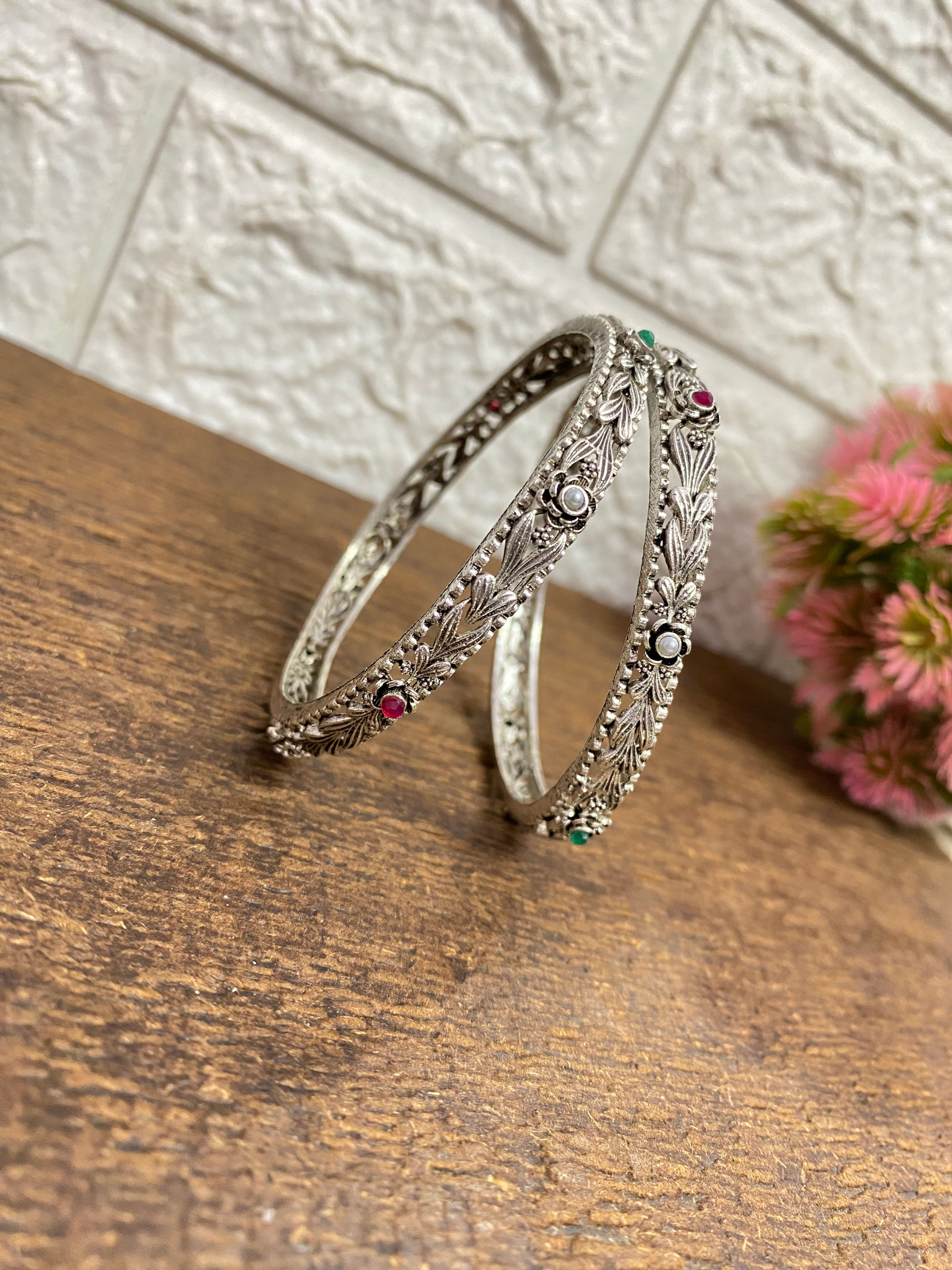 Pair of Oxidised  Silver Bangles with colourful crystal studs