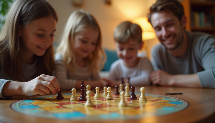 Close-up view of a family playing a board game together in the living room