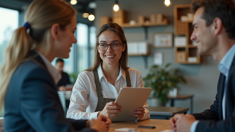 Eye-level view of a customer service representative engaging with clients