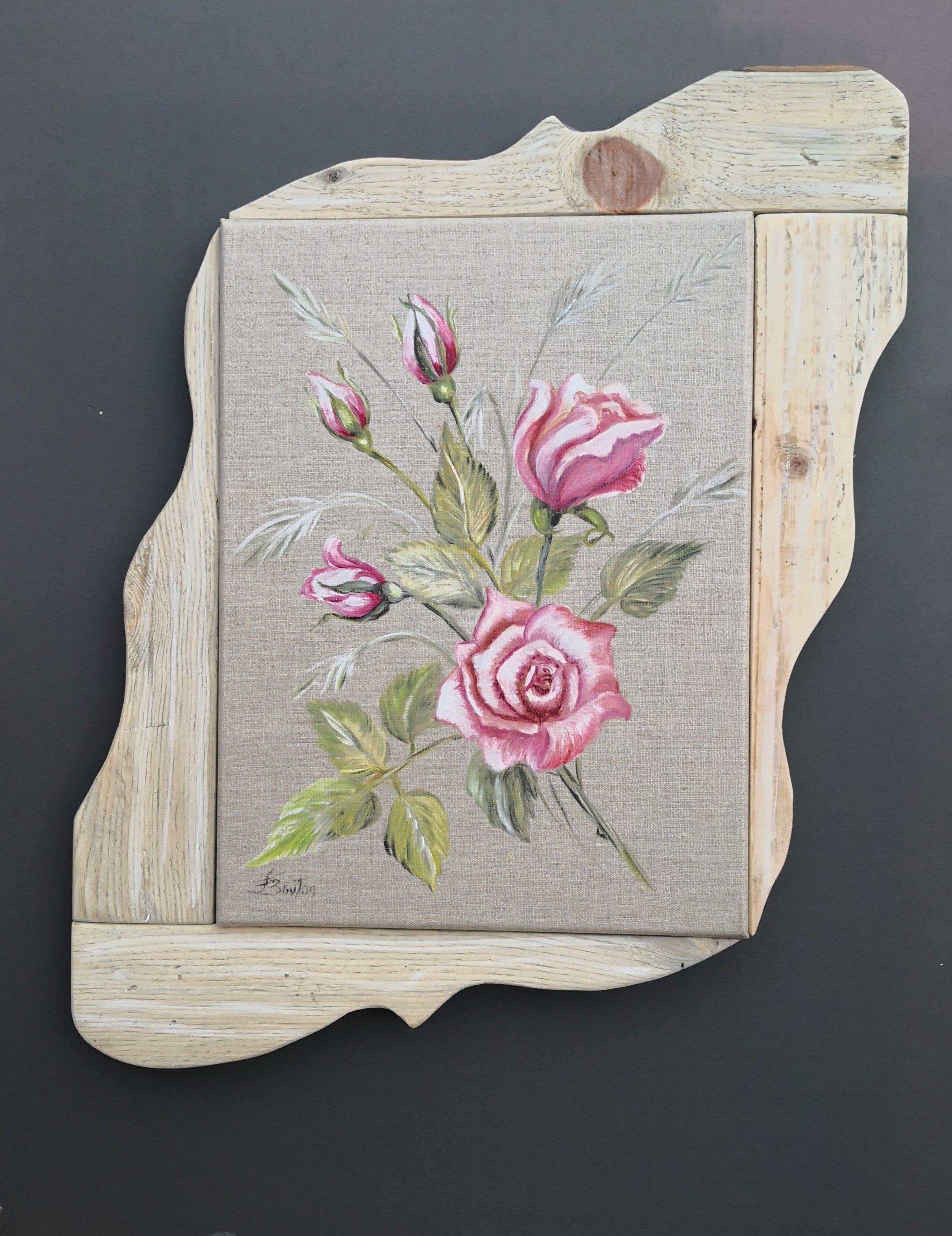Peinture à l'huile sur lin naturel, entourage en bois