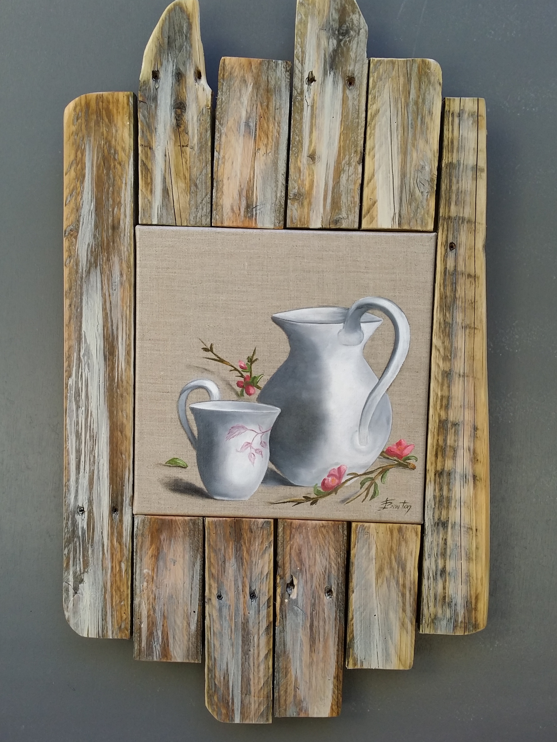 Peinture à l'huile sur lin naturel, entourage en bois