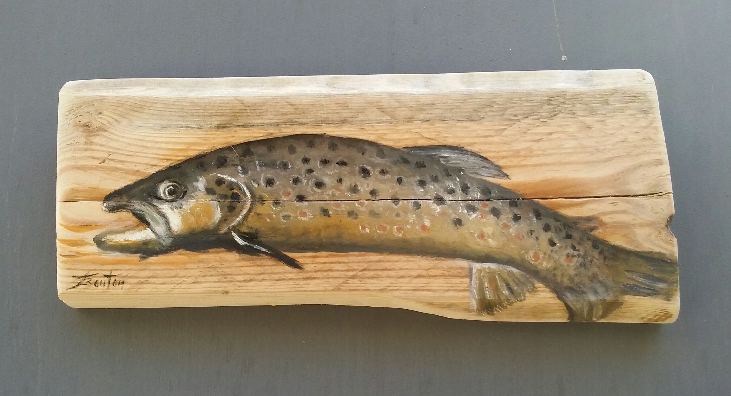 la truite - Huile sur bois
