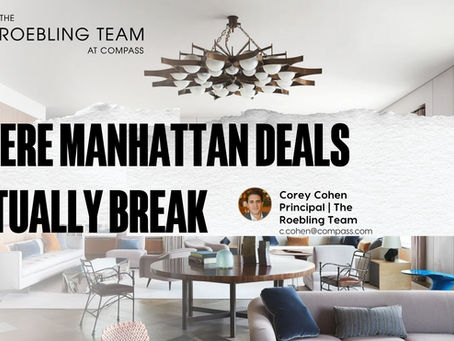 Roebling Report Q1 2026 cover graphic on Manhattan deal failures with luxury living room background