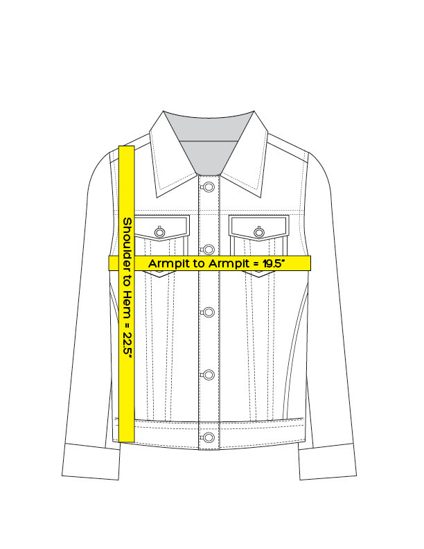 Thumbnail: Measurement diagram of a Go Coco! jean jacket with an Alexander McQueen scarf sewn on it