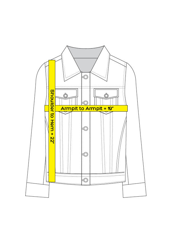 Thumbnail: Measurement chart of a hand-crafted Go Coco! jean jacket with a Botegga Veneta scarf sewn on it