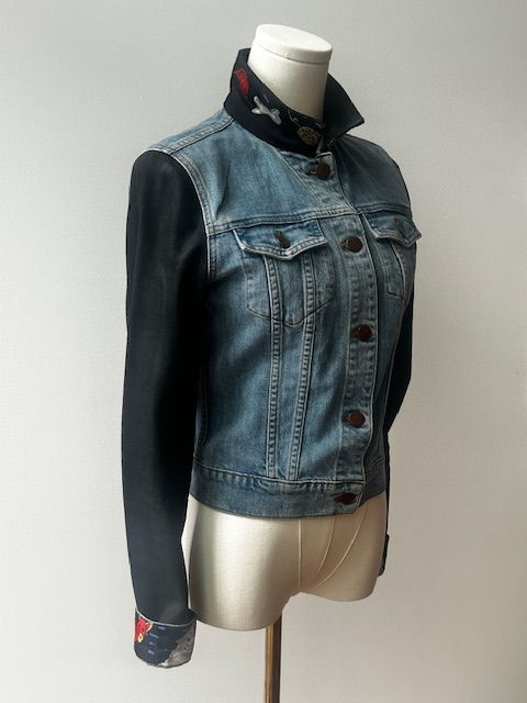 Thumbnail: Front view of a Go Coco! AG jean jacket with a designer scarf sewn on it