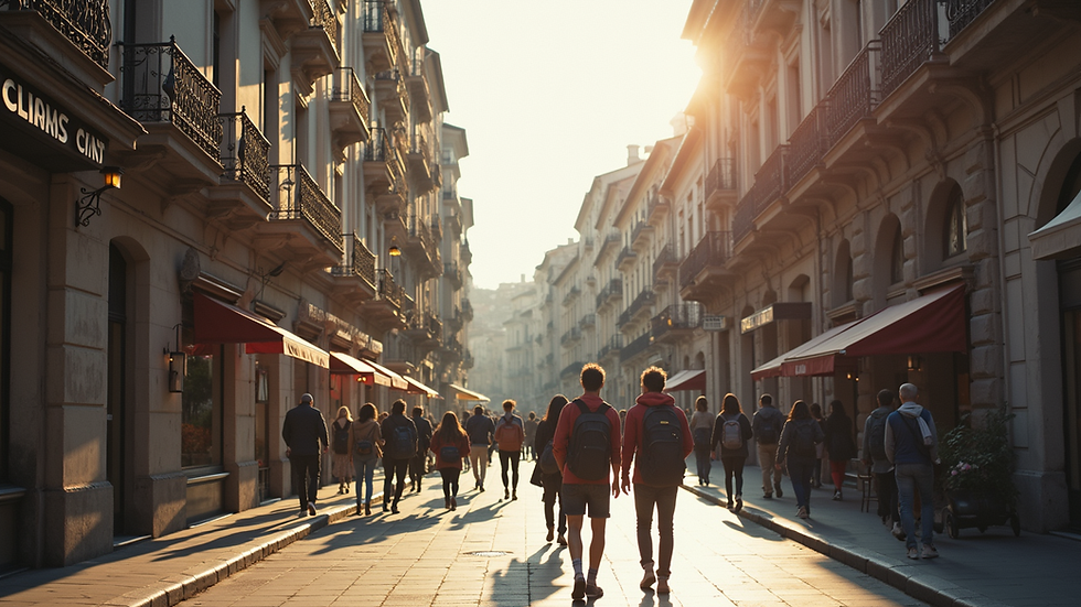 Vista panorámica de una ciudad europea con estudiantes caminando por la calle