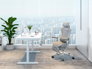 Modern office with white desk, ergonomic chair, computer, plant, and bookshelf. Large windows with city view create a bright atmosphere.
